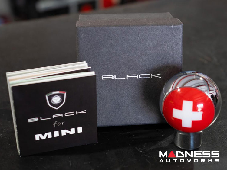 MINI Cooper Gear Shift Knob - Chrome w/ Swiss Flag Design